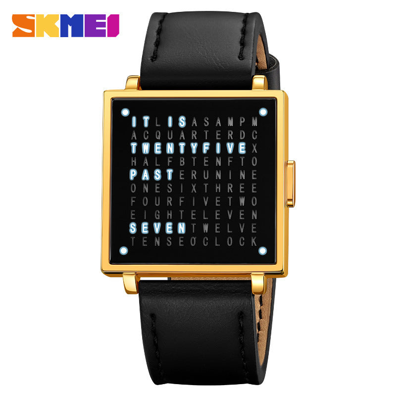 Gold LED digital watch with square dark face and black leather strap
