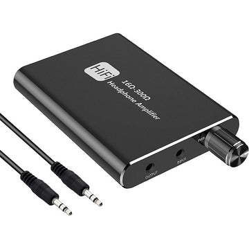 Black portable headphone amplifier with input/output jacks and 3.5 mm audio cables