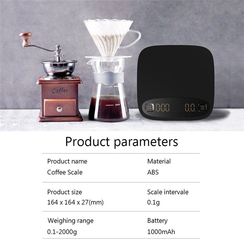 Black coffee electronic scale with digital display and front buttons