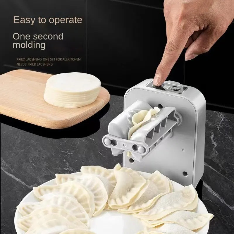 White electric dumpling maker molding dumplings on a board with minced filling