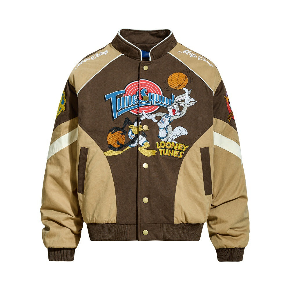 Brown and tan stand-collar bomber jacket with Looney Tunes chest graphic and ribbed cuffs