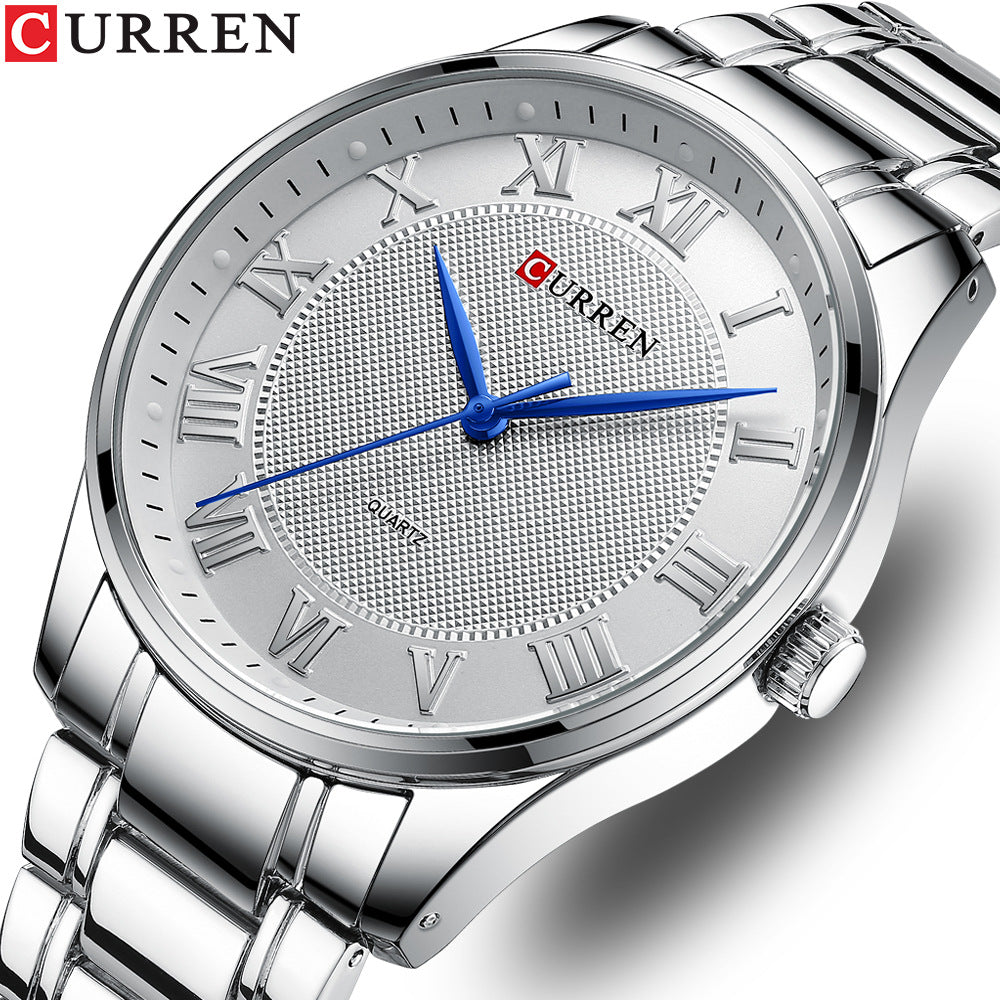CURREN men's quartz watch with silver-tone steel bracelet and white dial with Roman numerals
