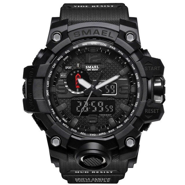 Men's digital LED sports watch with black silicone strap and black rugged case