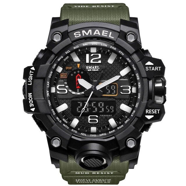 Men's digital LED sports watch with army green silicone strap and black rugged case