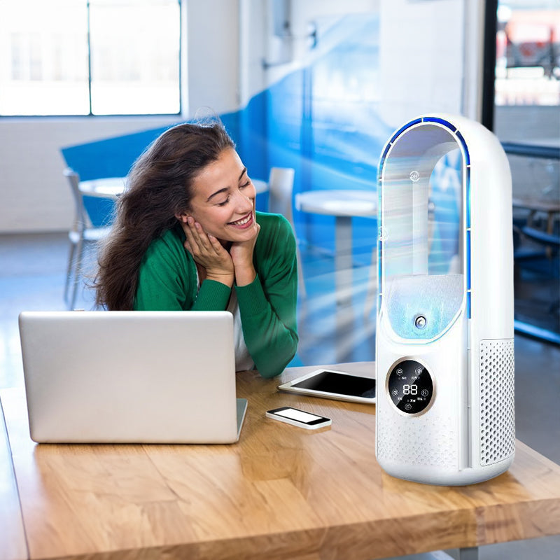 White tower air cooler fan with blue-lit window and subtle mist effect for cooling