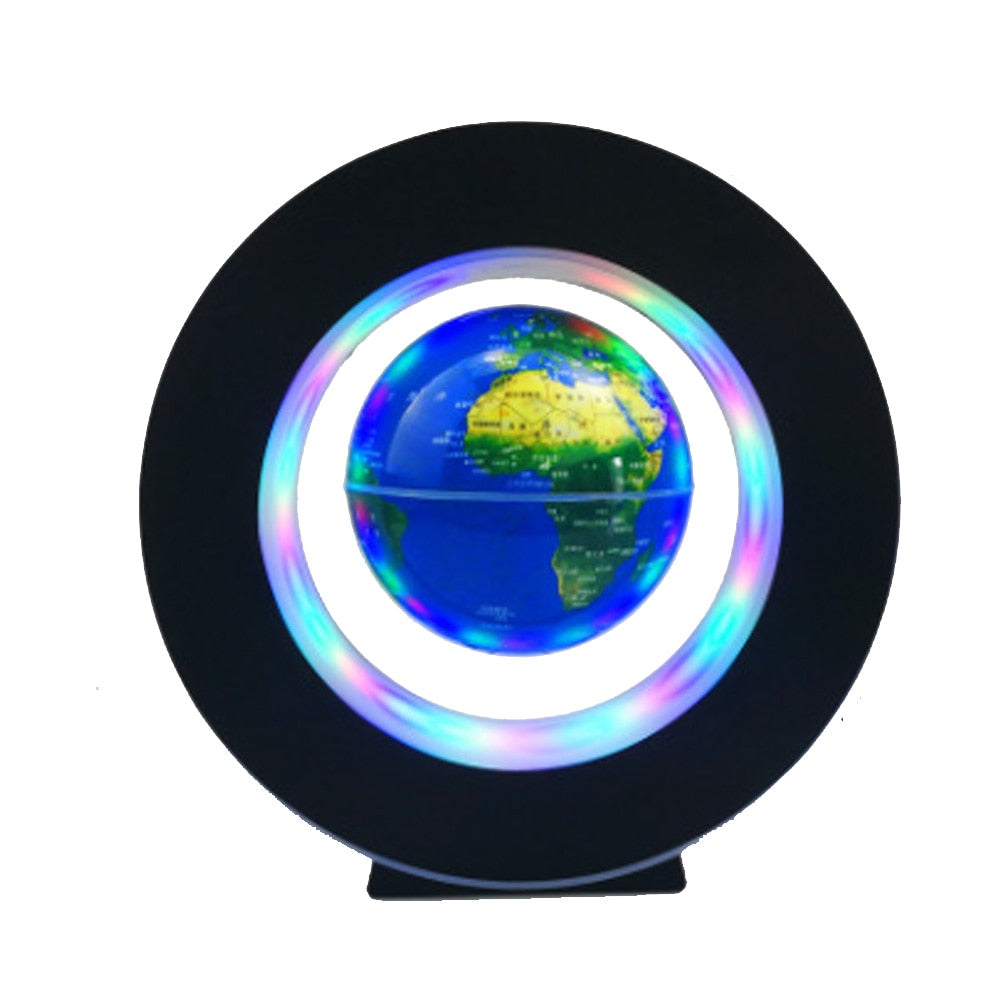 Magnetic levitation LED globe on black base with rainbow multicolor glowing ring