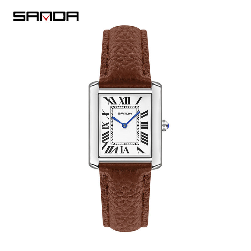 Square quartz watch with brown leather strap and silver case; white Roman numeral dial.