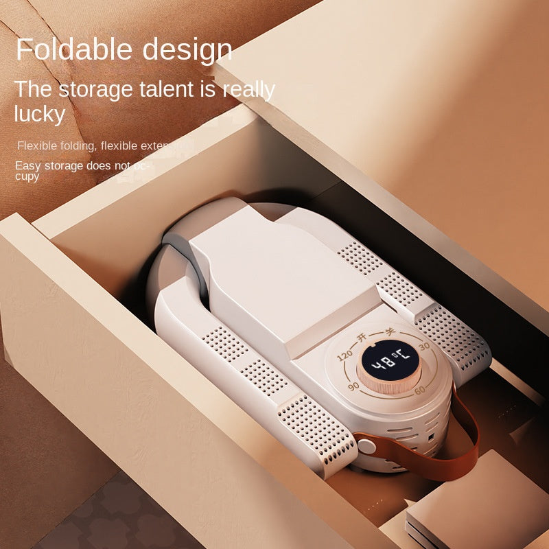 Folding shoe dryer with white body, perforated vents, and digital timer display