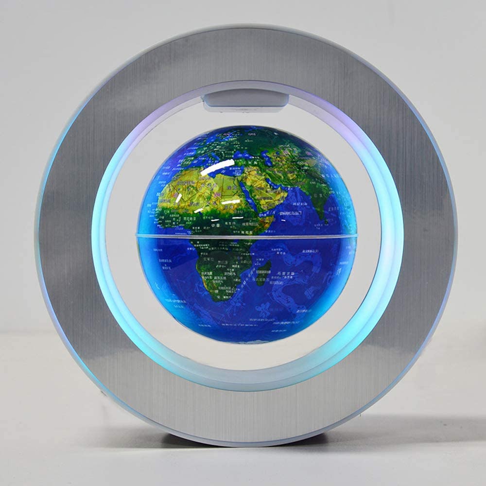 Magnetic levitation LED world map globe with light blue glowing ring and detailed Earth map