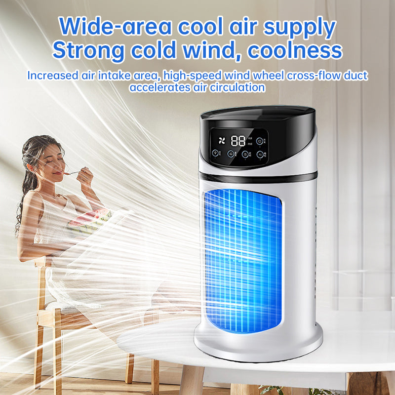 White tower air cooler fan with bright blue cooling window and curved air outlet