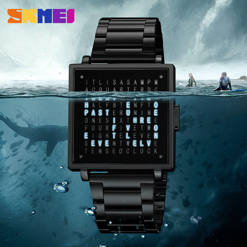 Gold LED digital steel bracelet watch with square dark face and blue light display