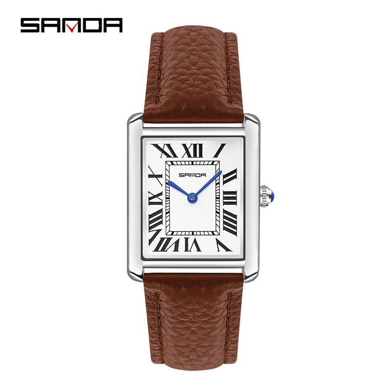 Square quartz watch with brown leather strap and silver case; Roman numeral dial.