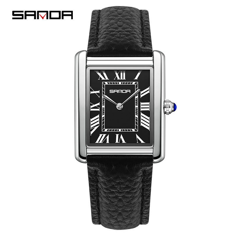 Square quartz watch with black leather strap and silver case; dark Roman numeral dial.