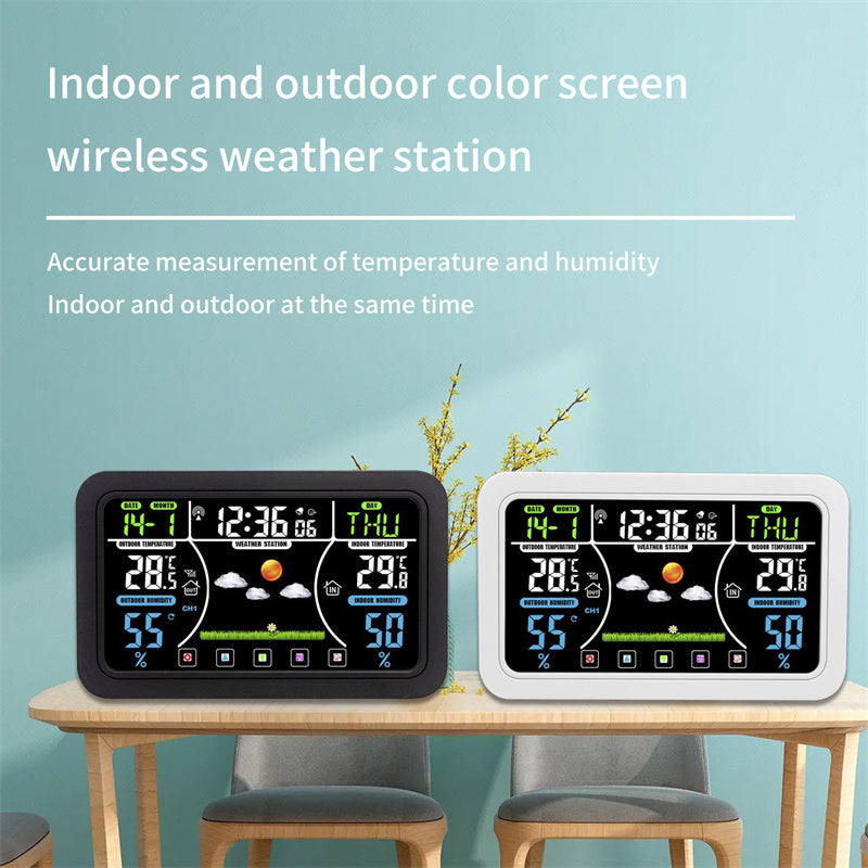 White wireless weather clock with color touchscreen display and digital readings