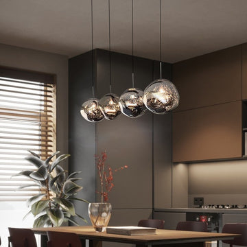 Chrome spherical acrylic pendant light fixture with multiple hanging glass-like globes