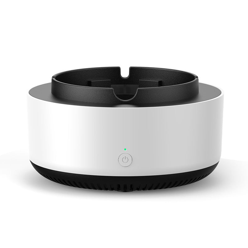 White air purifier ashtray with black open top and power button indicator