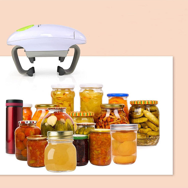 Electric bottle opener above an assortment of glass jars and bottles for opening