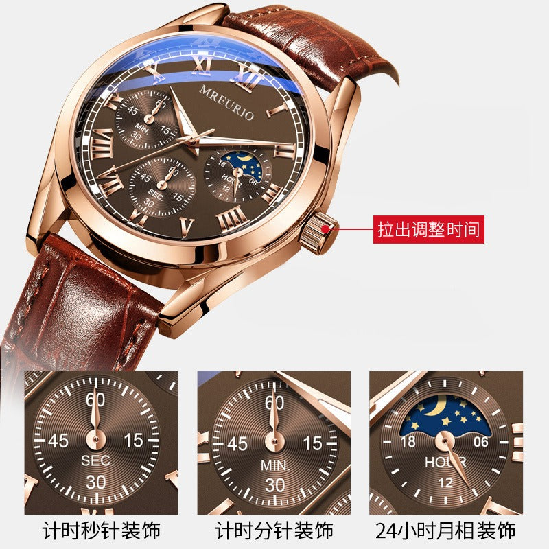 Men's quartz watch with brown leather strap, rose-gold case; dial and subdial detail views