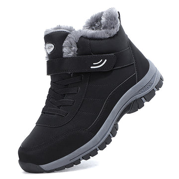 Black lace-up snow boots with faux fur lining and grippy rubber tread sole