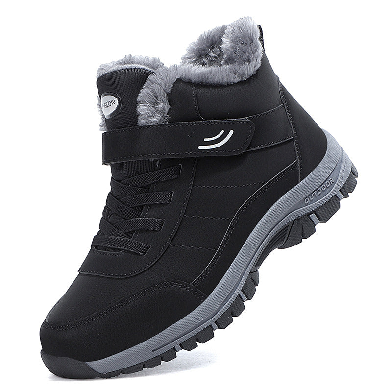 Black lace-up snow boots with faux fur lining and grippy rubber tread sole