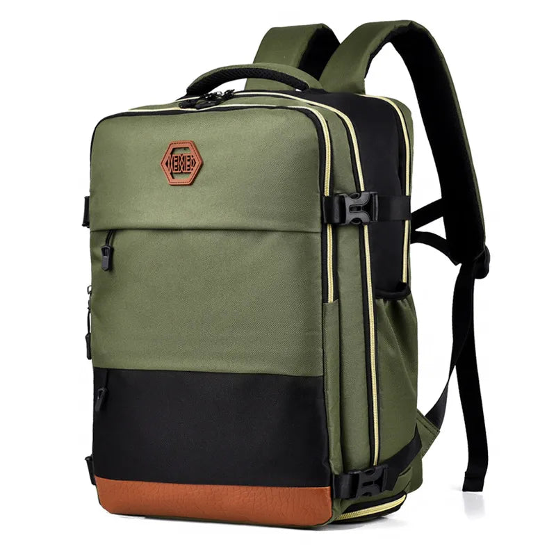 Olive green and black backpack bag with front logo patch, yellow trim, and brown bottomshop_this_look_amDhCa