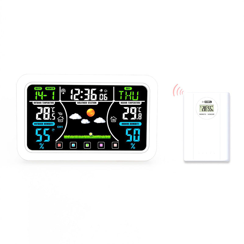 White wireless weather clock with color touchscreen and separate outdoor sensor transmitter