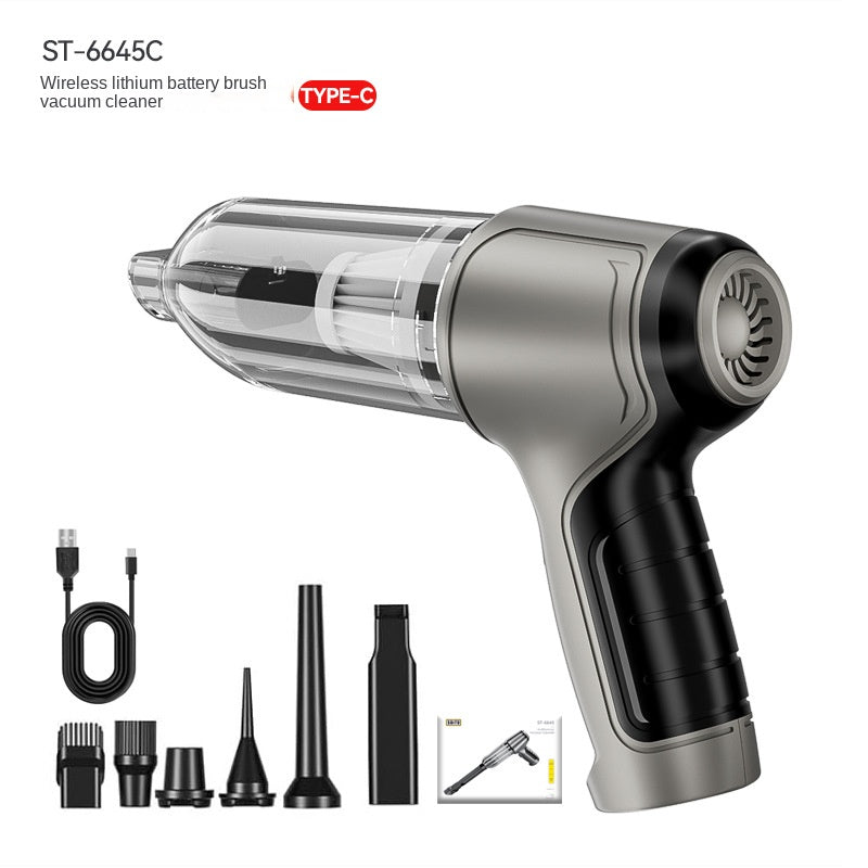 Silver-gray cordless handheld vacuum with Type-C charging cable and included nozzle attachments