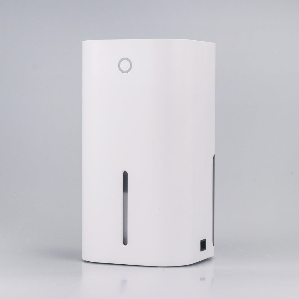 White mini electronic dehumidifier with control circle and vertical drain slot