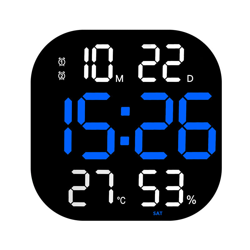 LED wall clock with blue time and large blue countdown, white icons, and °C/%