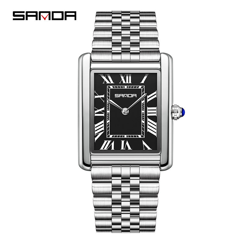 Square Roman numeral quartz wristwatch with silver metal bracelet and black dial, blue hands
