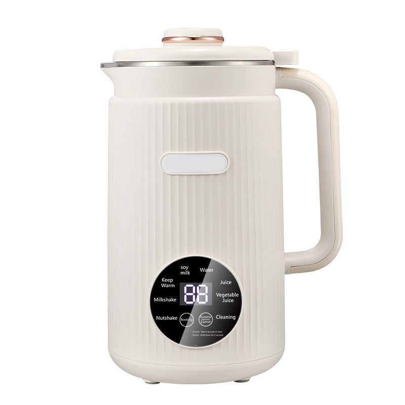 White electric soy milk maker jug with spout handle, lid, and circular program display panel.