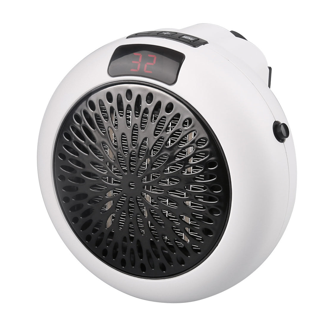 White circular portable electric heater with digital display and fan grille