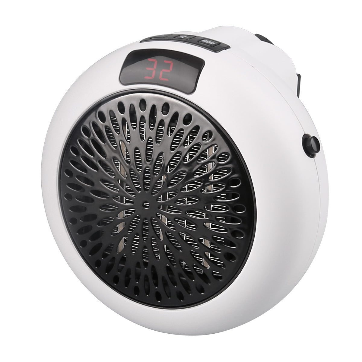 White circular portable electric heater with digital display and fan grille