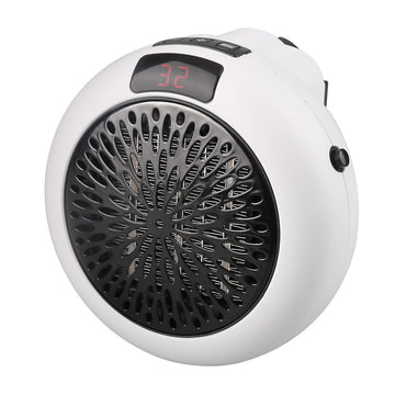 White circular portable electric heater with digital display and fan grille