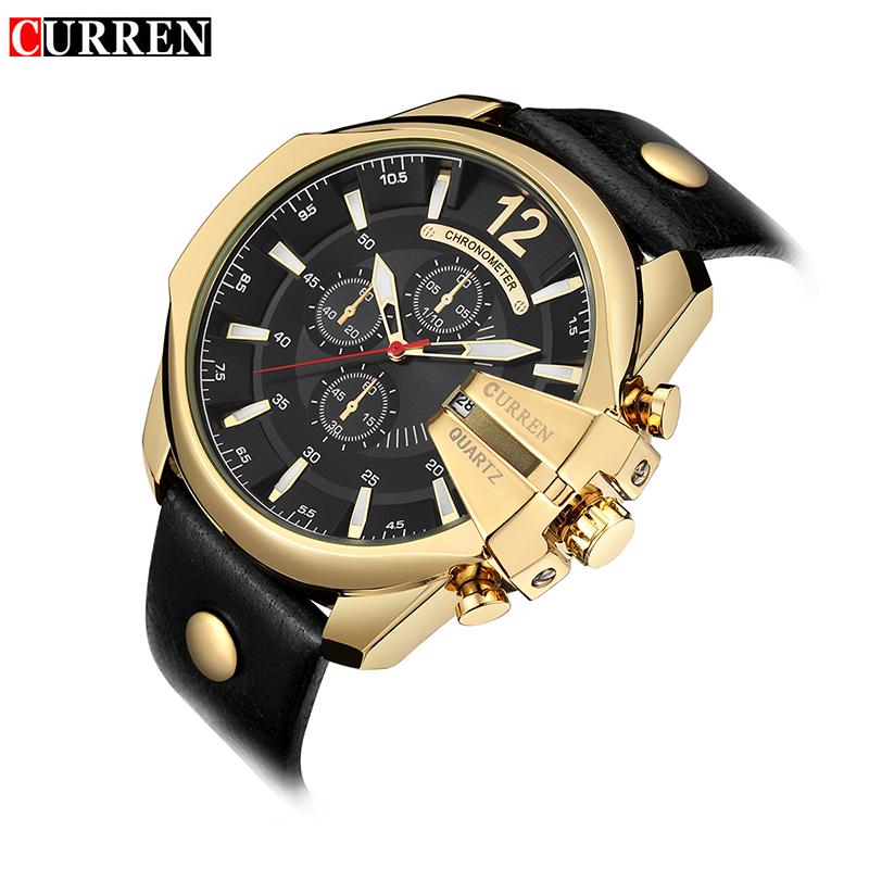 Men's quartz wristwatch with black dial, gold-tone case, and black leather strap