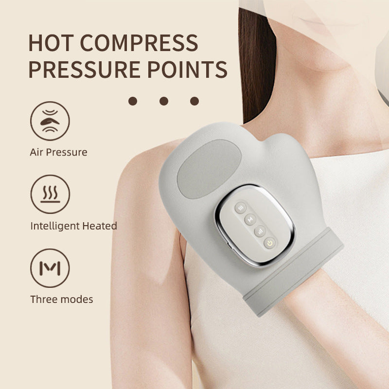 Light gray air pressure hand massager with heated control panel and wrist strap