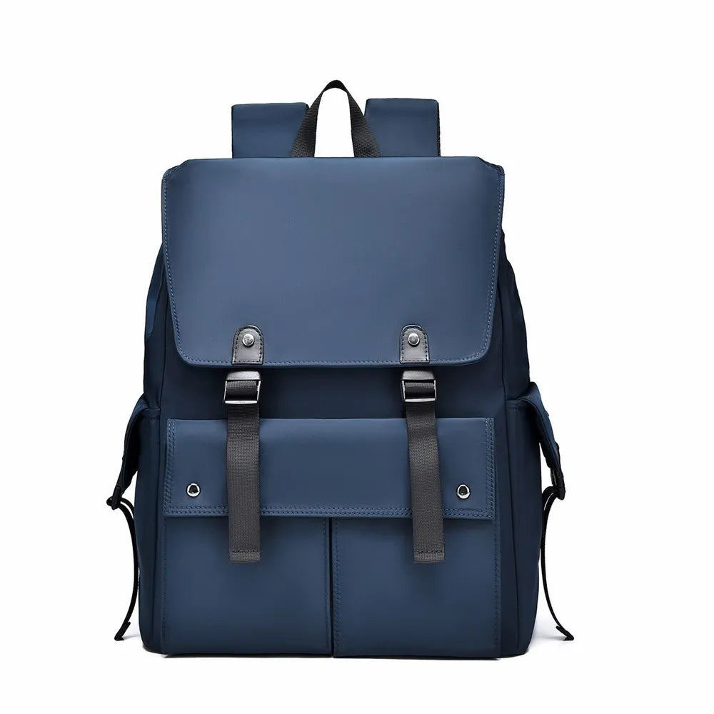 Peacock blue PU leather backpack with front flap, buckled straps, and side drawstring cords