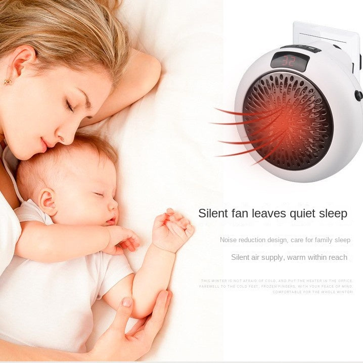 White circular portable electric heater with top control panel and glowing temperature display