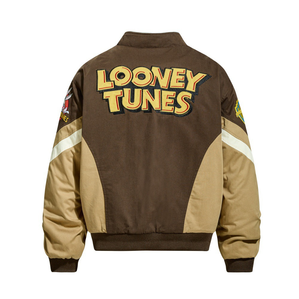 Back view brown and tan stand-collar jacket with large Looney Tunes logo