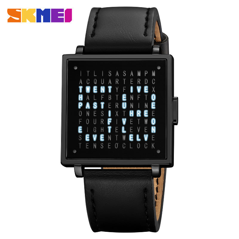 LED digital watch with black square case and black leather strap