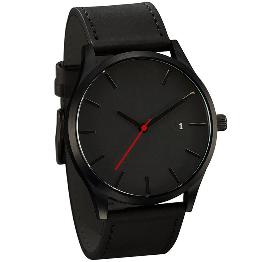 Men's fashion watch with black dial and black leather-style strap, round case and markers.