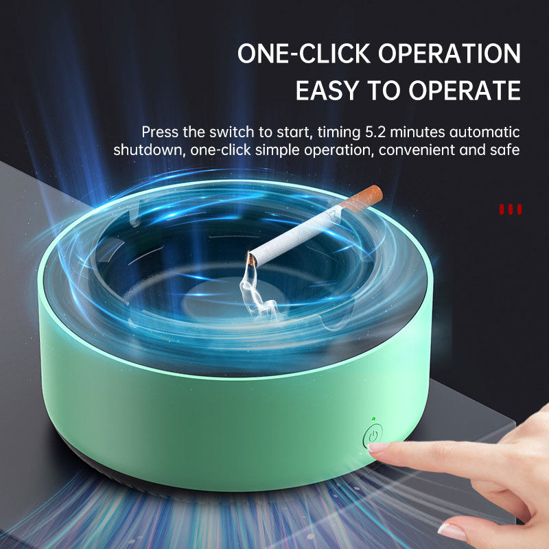 Green air purifier ashtray with glowing airflow ring and cigarette near the opening