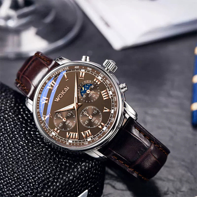 Men's quartz wristwatch, brown leather strap, dark dial with blue subdial