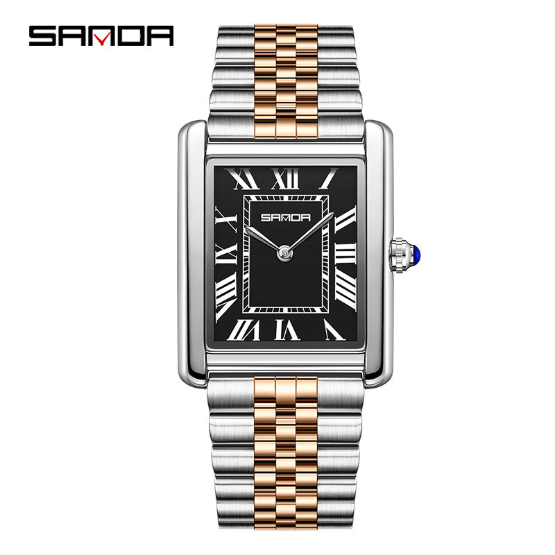 Square Roman numeral quartz wristwatch with two-tone gold and silver metal bracelet and black dial