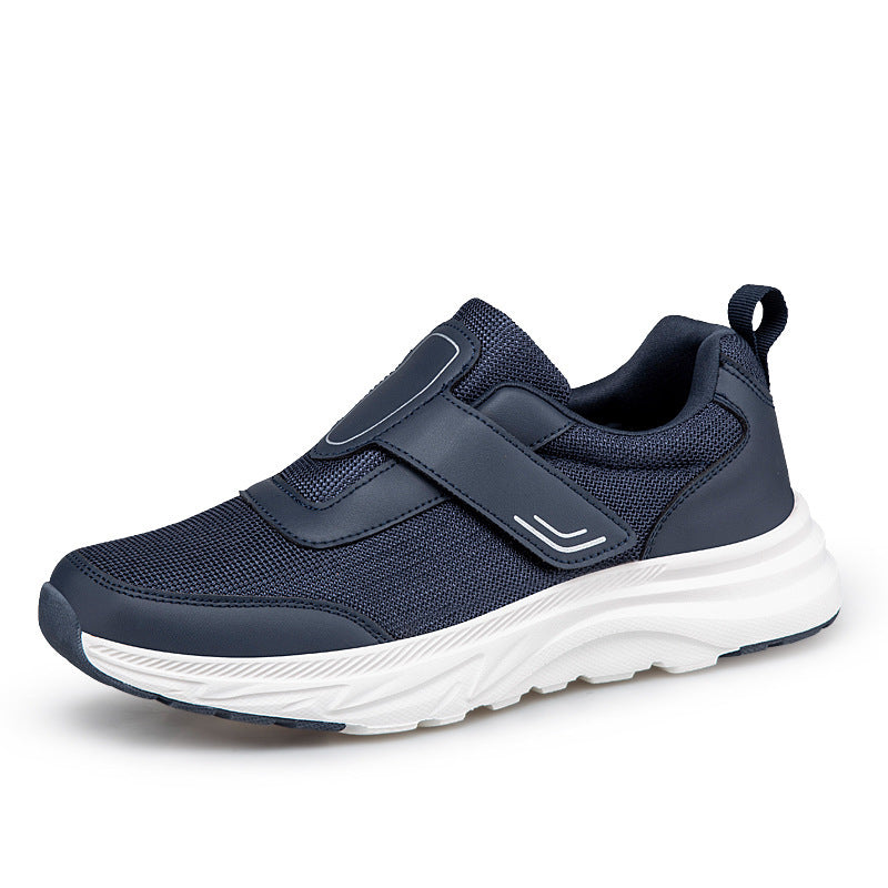 Men's walking shoes, navy knit with hook-and-loop straps and cushioned collar