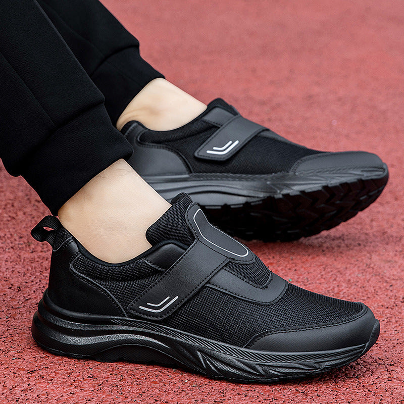 Men's walking shoes, black mesh with hook-and-loop straps and thick white midsole