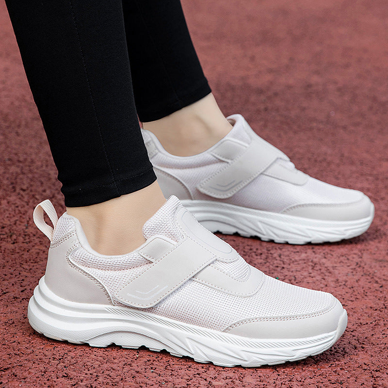 Men's breathable slip-on walking shoes, white mesh with hook-and-loop straps