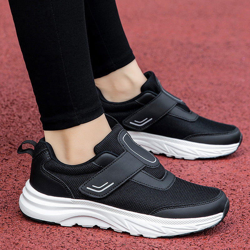 Men's walking shoes, black mesh with hook-and-loop straps and cushioned collar