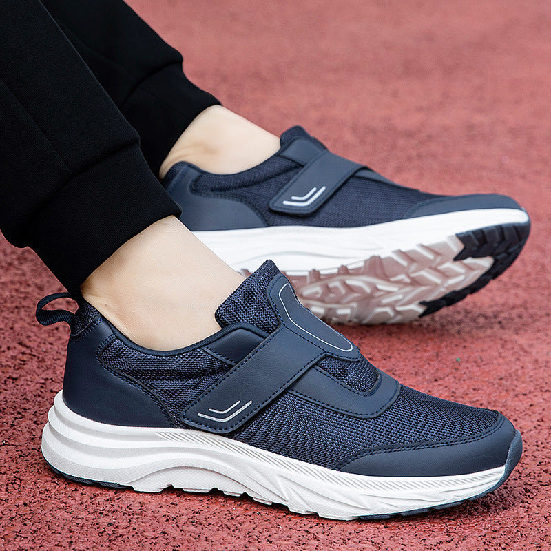 Men's walking shoes, dark navy mesh with two hook-and-loop straps and white sole