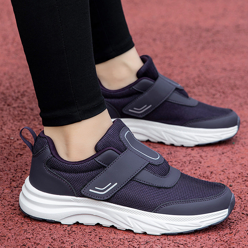 Men's walking shoes, dark navy mesh with hook-and-loop straps and white midsole